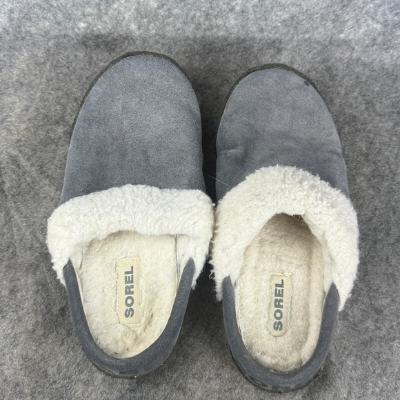 Sorel Women's Nakisha Slide Slippers Sz 7 Gray Fur lined House Shoes - Picture 1 of 6